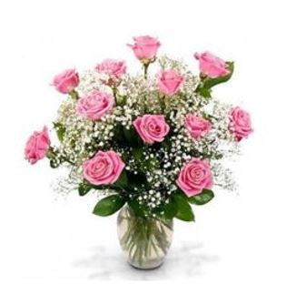 18 Pink Roses With Vase